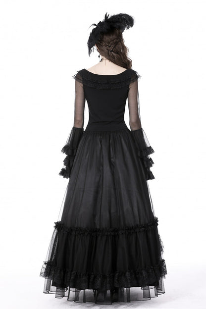 Black Multi-Layered Ruffled Lace Long Trumpet Sleeves Women's Gothic Princess Sexy Top