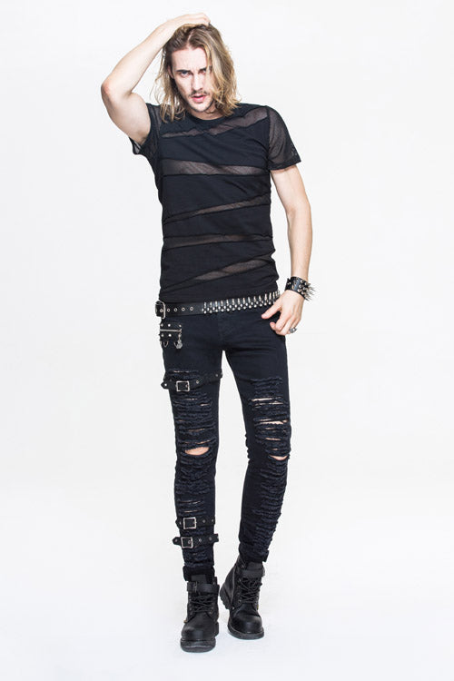 Black Partition Diamond Shape Mesh Gothic Punk Mens Tops T-Shirt