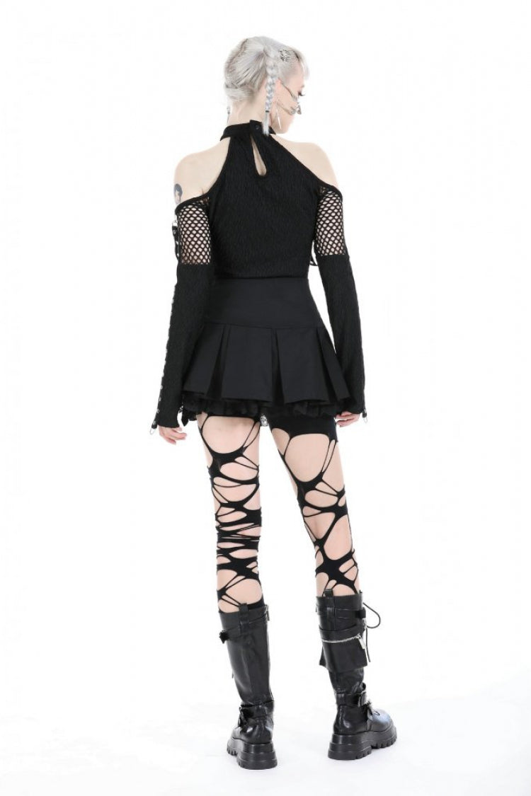 Black Off Shoulder Long Sleeves Cut-Out Spliced Mesh Women's Punk Top