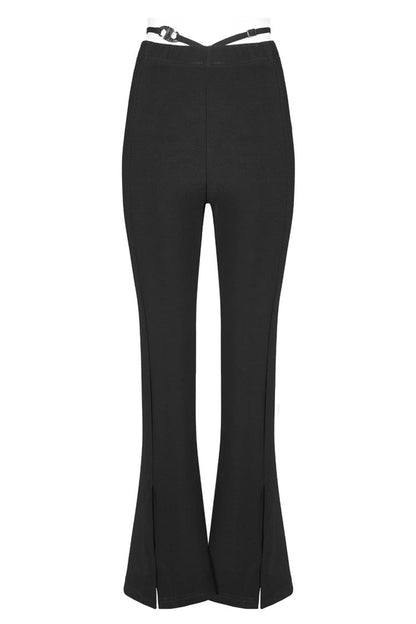 Black Hollow V-Shaped Decorative Bottom Slit Strap Micro Flare Women's Punk Pants