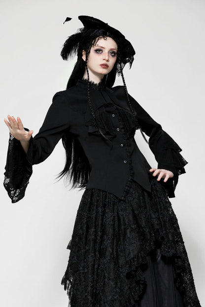 Black Lace Stand Collar Multi-Layered Ruffled Long Flared Sleeves Women's Gothic Blouse