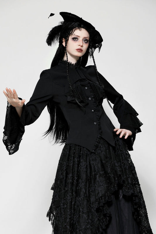 Black Lace Stand Collar Multi-Layered Ruffled Long Flared Sleeves Women's Gothic Blouse