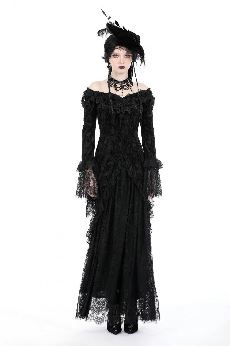 Black Off Shoulder Lace Long Trumpet Sleeves Lace-Up Women's Gothic Bodycon Dress