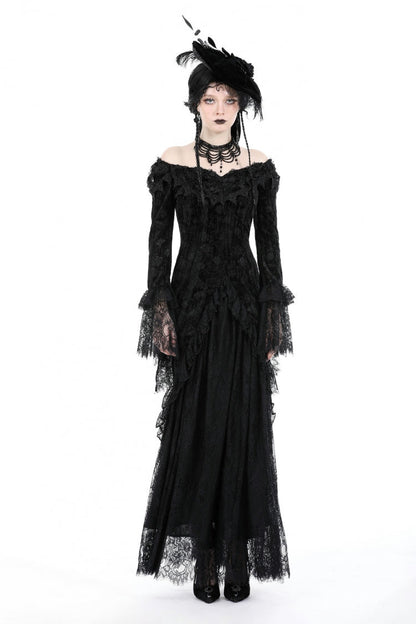 Black Off Shoulder Lace Long Trumpet Sleeves Lace-Up Women's Gothic Bodycon Dress