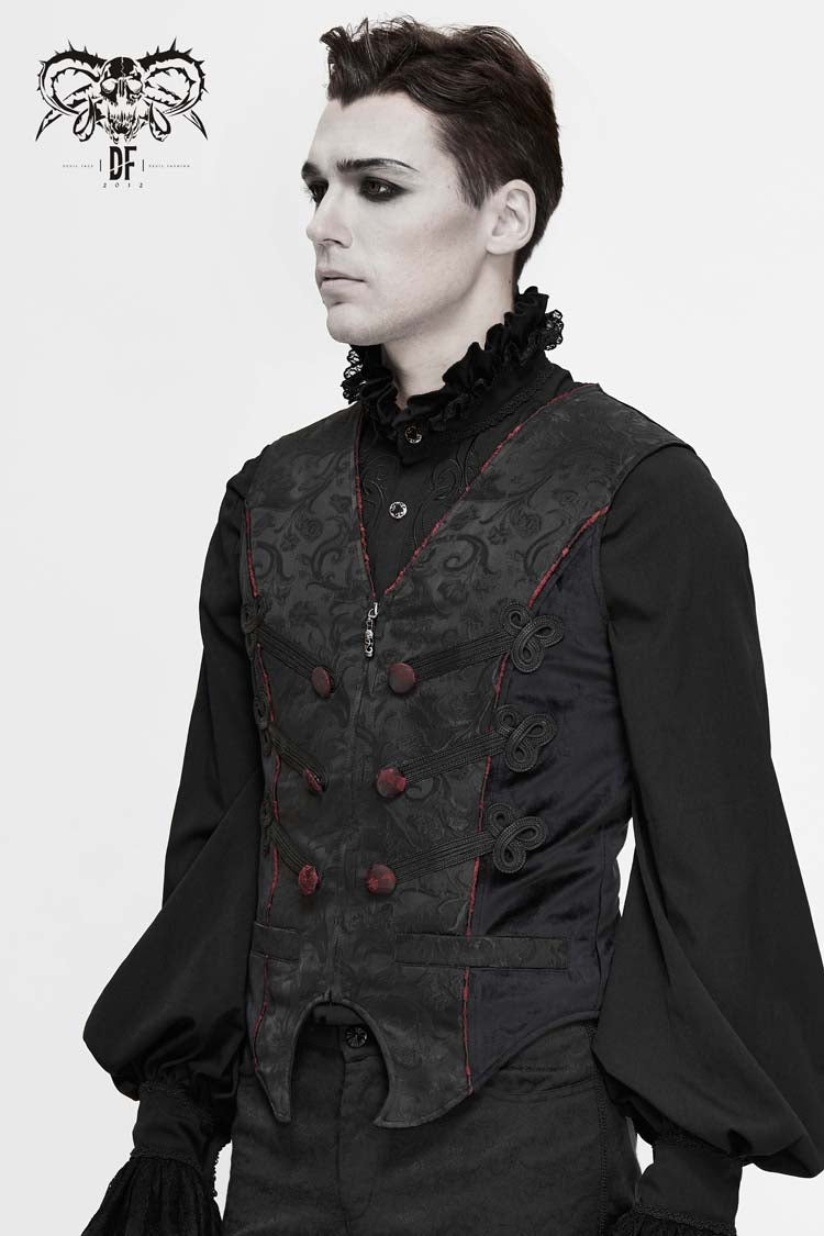 Black Dark Jacquard Chest Plate Buttons Back Lace Up Men's Gothic Waistcoat