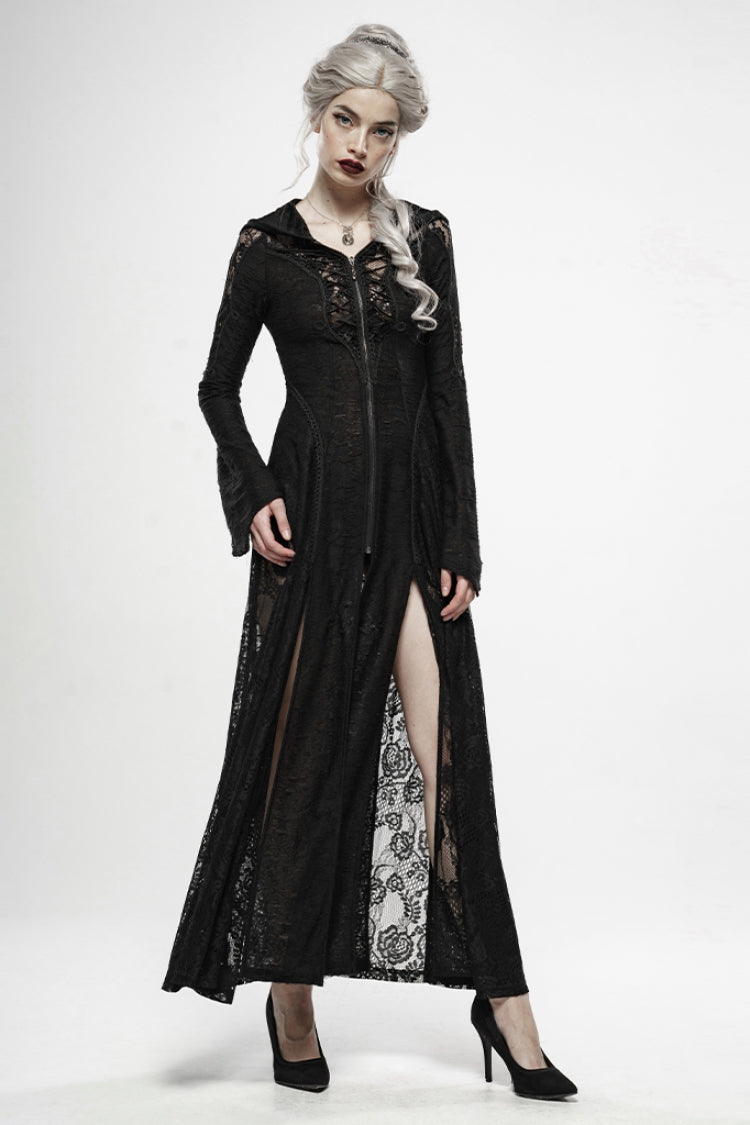 Black Long Trumpet Sleeves Metal Zipper Lace Hooded Womens Gothic Dress