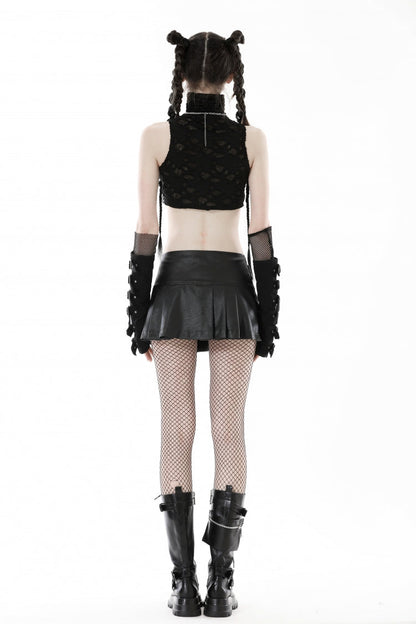 Black Faux Leather Metal Belt Buckled Pleated Women's Punk Mini Skirt