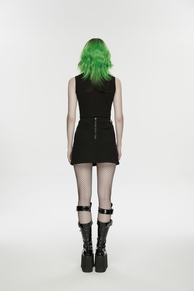 Black Embroidered Zippered Women's Punk Skull Embroidered Cool Big Pocket Skirt