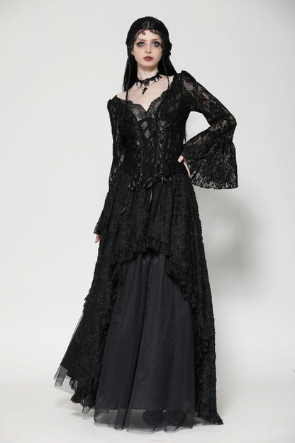 Black Deep V Collar Long Trumpet Sleeves Lace Lace-Up Women's Gothic Corset Top