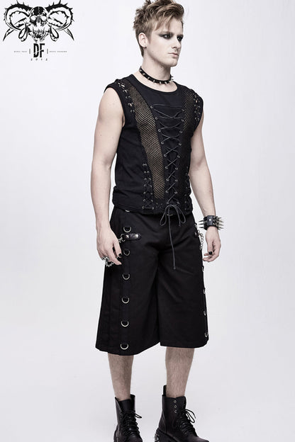 Black Chest Lace Up Splice Coarse Grain Men's Punk Vest