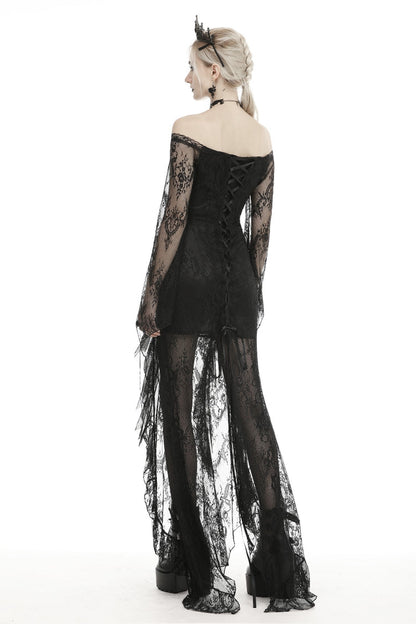 Black Off Shoulder Long Sleeves Lace Lace-Up Women's Gothic Mermaid Wedding Dress
