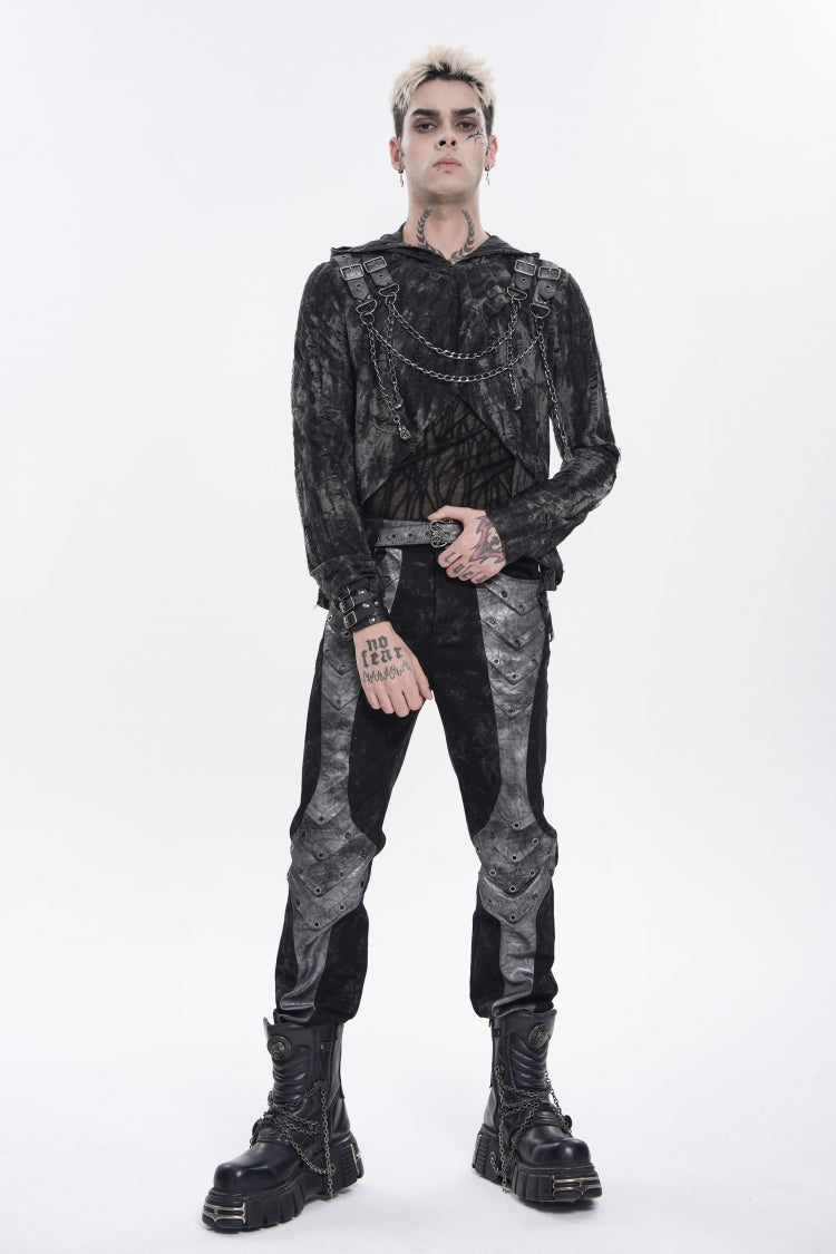 Black Long Sleeves Spliced Hooded Mesh Ripped Faux Two-Piece Zippered Eyelet Men's Punk T-Shirt