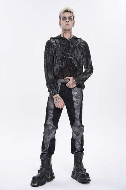 Black Long Sleeves Spliced Hooded Mesh Ripped Faux Two-Piece Zippered Eyelet Men's Punk T-Shirt