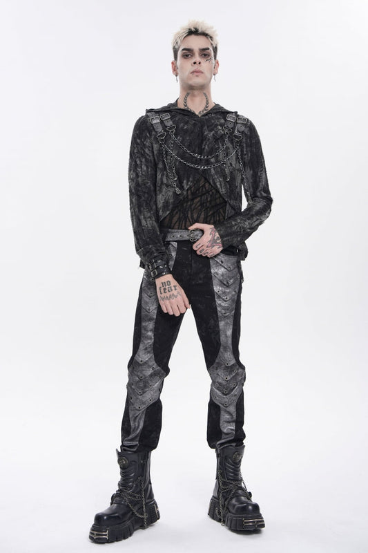 Black Long Sleeves Spliced Hooded Mesh Ripped Faux Two-Piece Zippered Eyelet Men's Punk T-Shirt