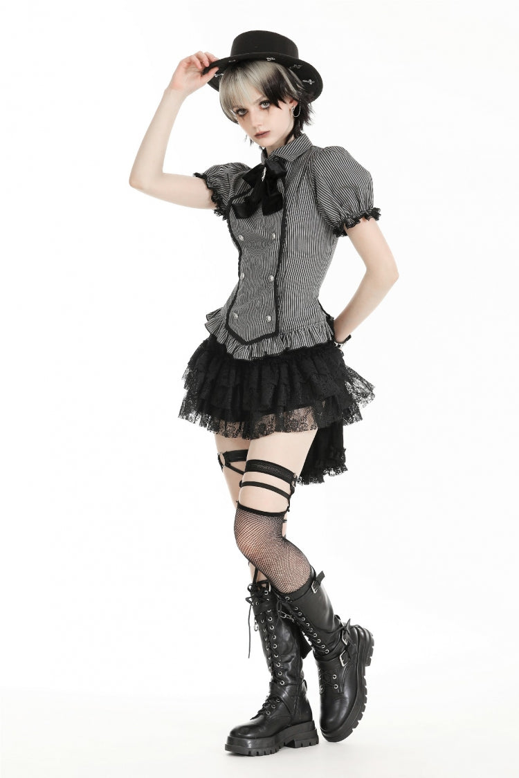 Black Multi-Layered Lace Women's Gothic Puffy Skirt with Detachable Swallow Tail