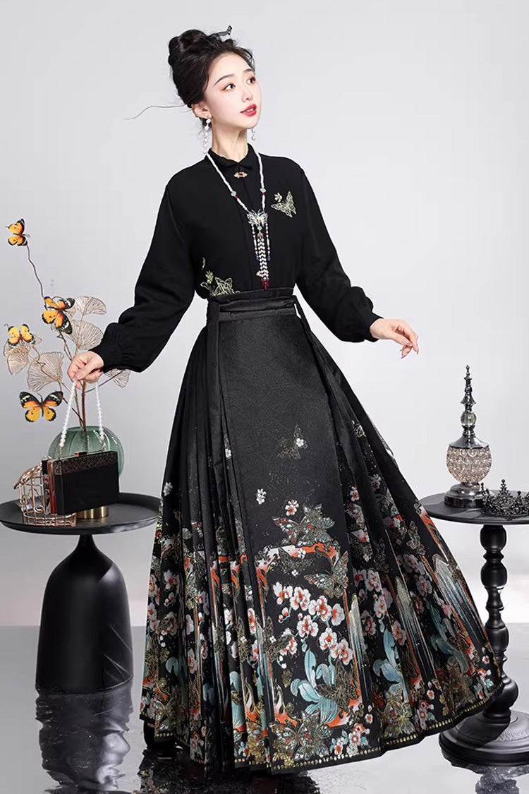Black Long Sleeves High Waisted Printed Ruffled Zhuanghua Brocade Gothic Hanfu Horse-face Skirt Set