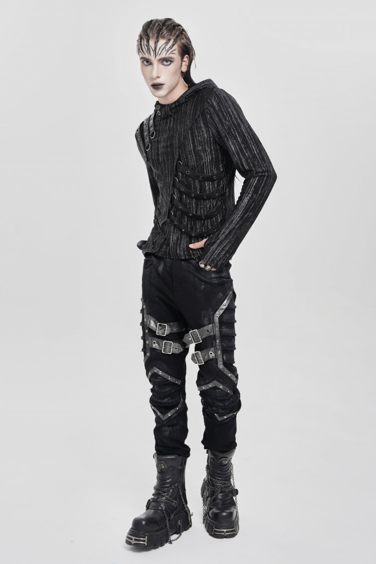 Black Long Sleeves Irregular Hooded Straps Eyelet Men's Punk Blouse