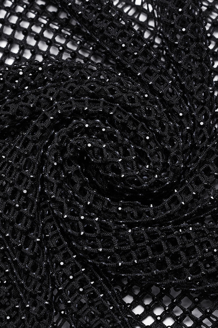 Black Long Sleeves Mesh Studded Tassel Women's Punk Bodysuit