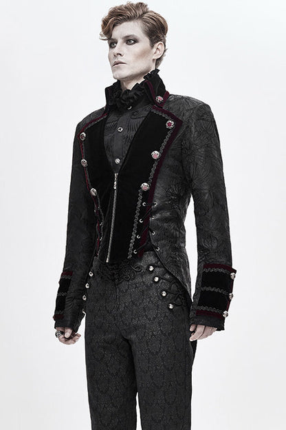 Black Jacquard Floral Pattern Velveteen Swallowtail Mens Gothic Coat