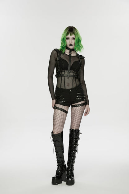 Black  Studded Women's Punk Shorts with Detachable Leg Harnesses