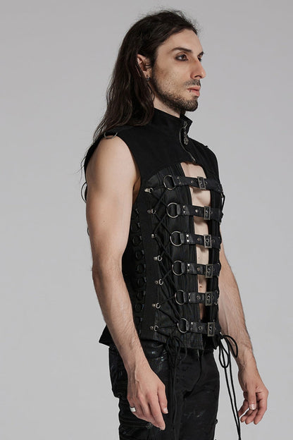 Black Cut-Out Buckled Strappy Spaghetti Men's Punk Vest