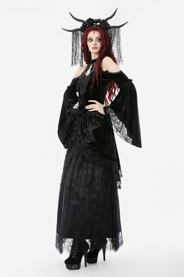 Black Off Shoulder Halterneck Long Trumpet Sleeves Cut-Out Lace Spliced Velvet Gothic Palace Top