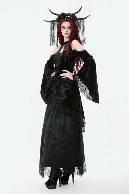 Black Off Shoulder Halterneck Long Trumpet Sleeves Cut-Out Lace Spliced Velvet Gothic Palace Top