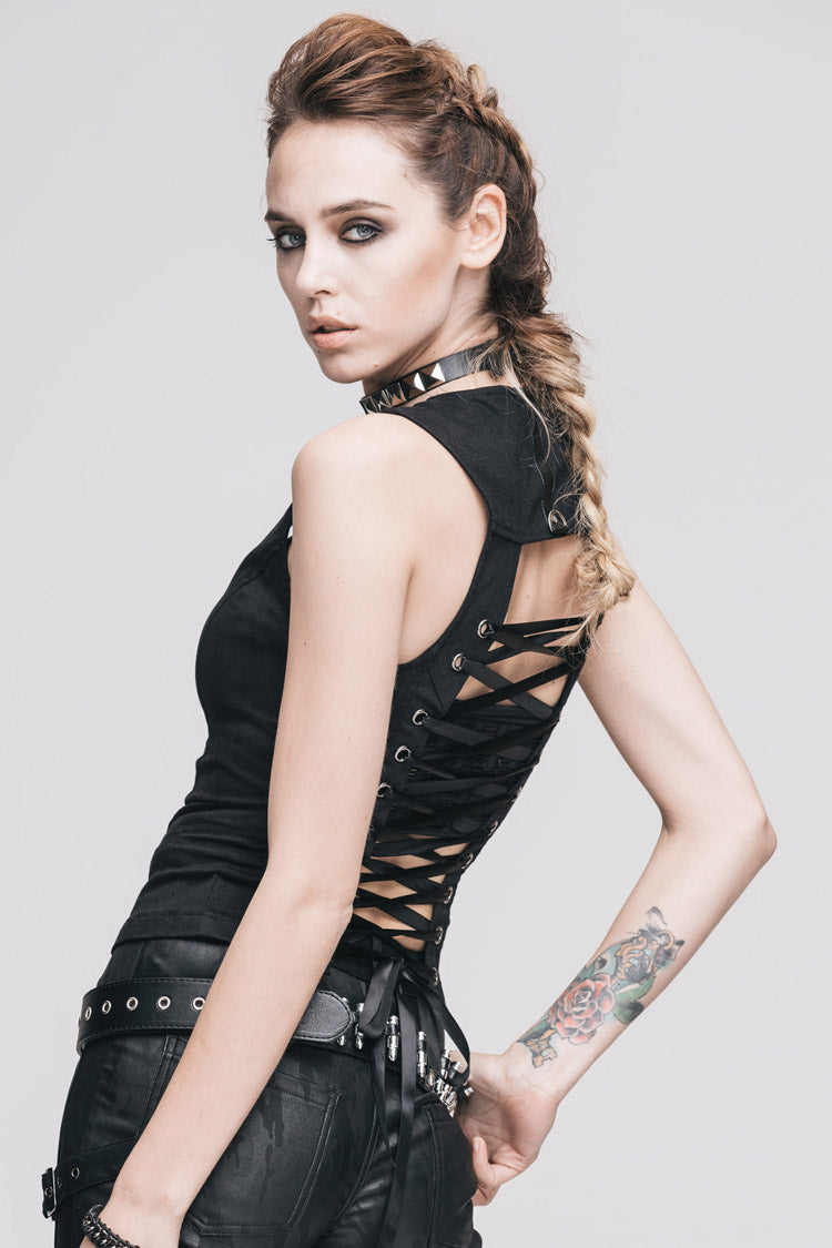 Black Front Zip Sleeveless Back Cut-Out Belted Round Collar Women's Punk Tank Top