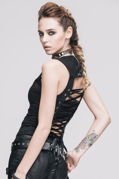 Black Front Zip Sleeveless Back Cut-Out Belted Round Collar Women's Punk Tank Top