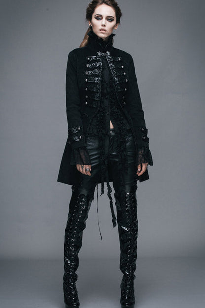 Black Floral Flocking Leather Loops Stand Collar Poncho Womens Gothic Coat