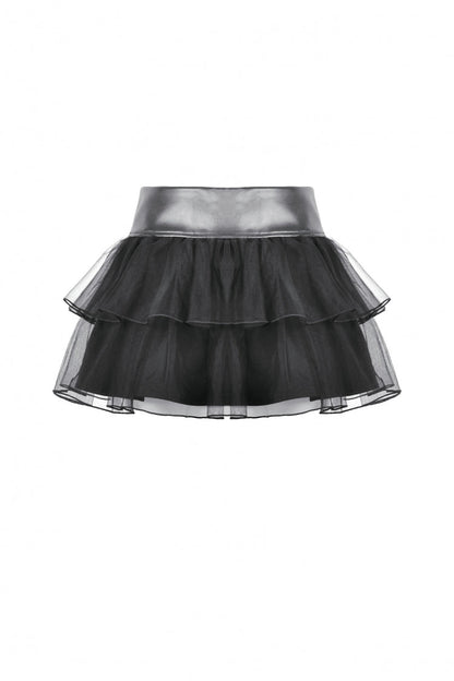 Black Multi-Layered Lace Mesh Women's Punk Short Skirt with D-Ring Ties Waist