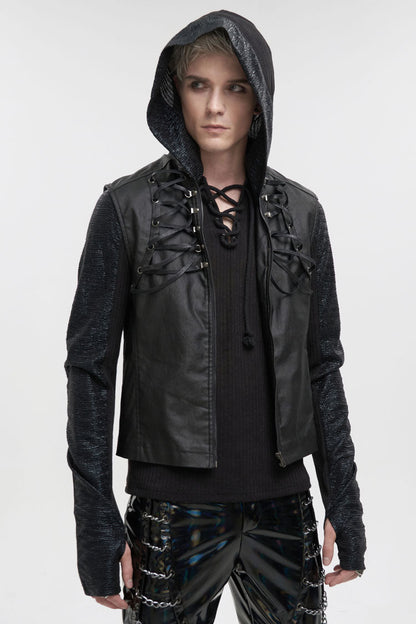 Black Front And Rear String Micro Stretch Cotton Stand Collar Men's Punk Vest
