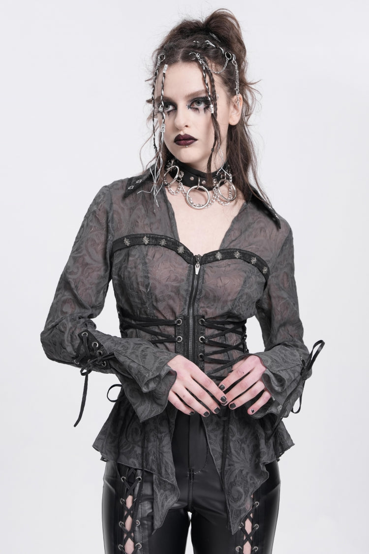 Black Long Sleeves Embroidery Lace-Up Irregular Sheer Women's Gothic Blouse