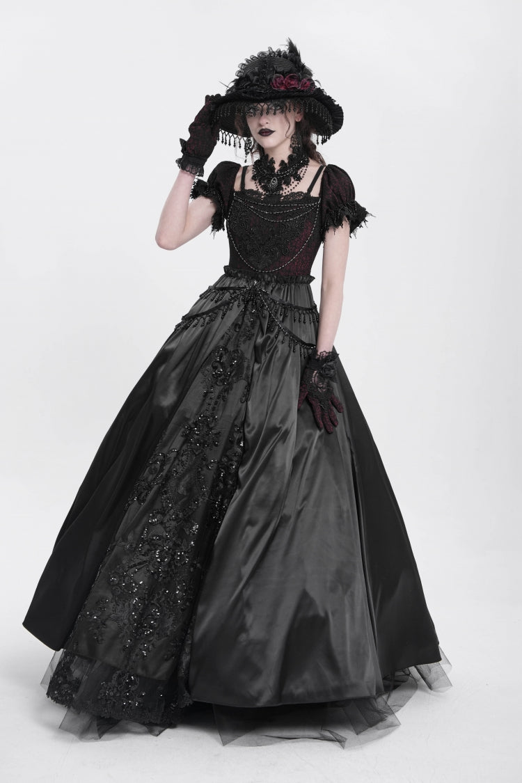 Black Off Shoulder Short Sleeves Jacquard Cardigan Stitching Lace Women's Gothic Dress