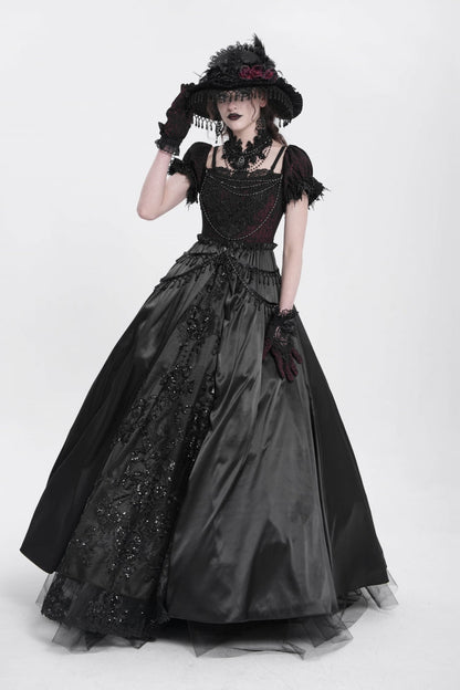 Black Off Shoulder Short Sleeves Jacquard Cardigan Stitching Lace Women's Gothic Dress
