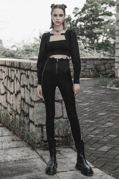 Black Bat Embroidered Waist Elastic Fine-Grained Fluff Metal Zipper Design Tight Women's Punk Leather Pants