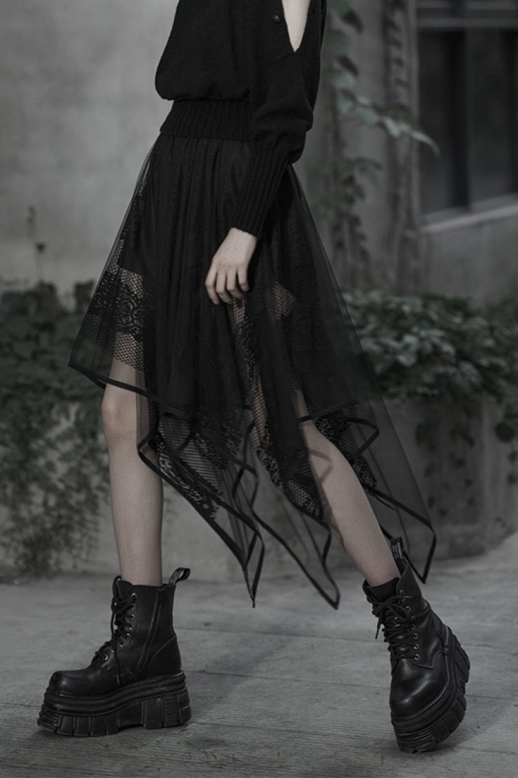 Black Embroidery Lace Asymmetric Hem Women's Gothic Skirt