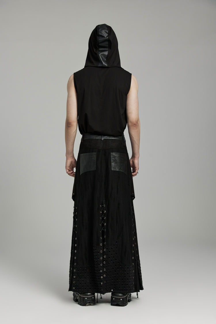 Black Lace-Up Ripped Eyelet Men's Punk Skirt
