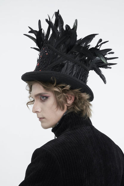 Black Embroidered Men's Gothic Palace Accessory Floral Feather Top Hat