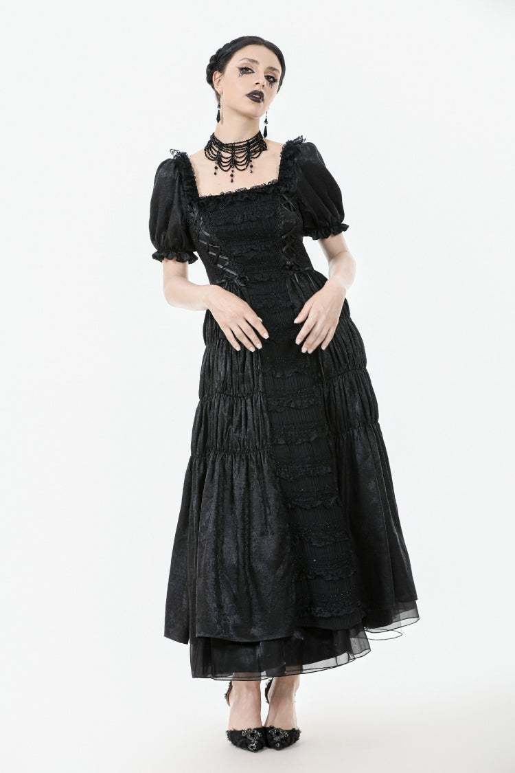 Black Lace Square Collar Short Puff Sleeves Lace-Up Ruched Women's Gothic Wedding Dress