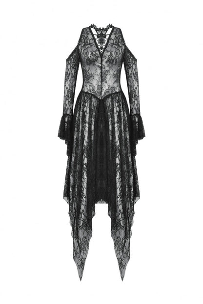 Black Off Shoulder Long Sleeves Women's Gothic Irregular Lace Dress Wedding Dress