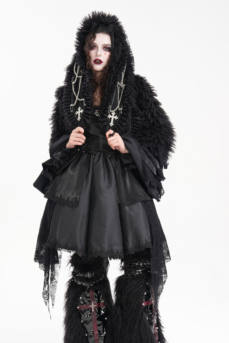 Black Long Sleeves Lace Hooded Zipper Chain Women's Gothic Jacket