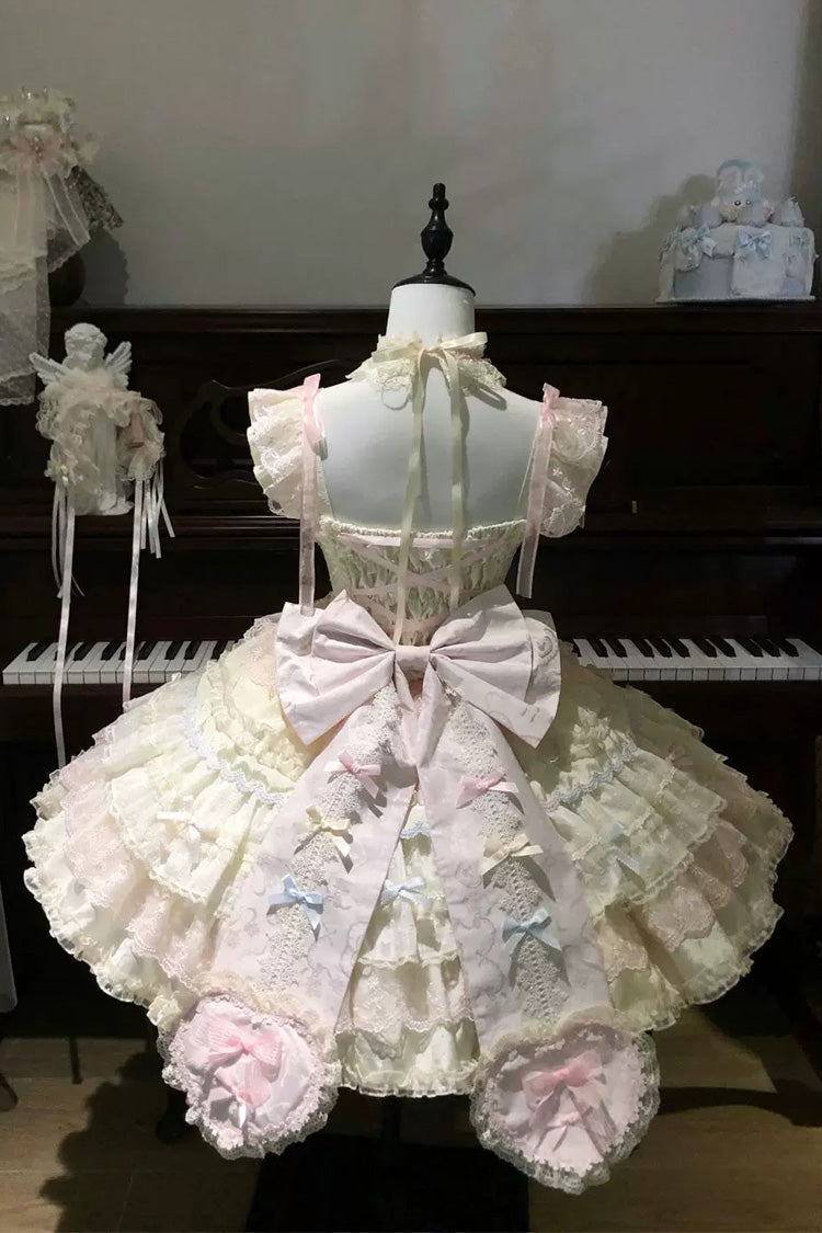 Apricot/Pink [Cloudwhale Dreamweaver] Square Collar Multi-Layered Ruffled Bow Lace Sweet Lolita Jsk Dress