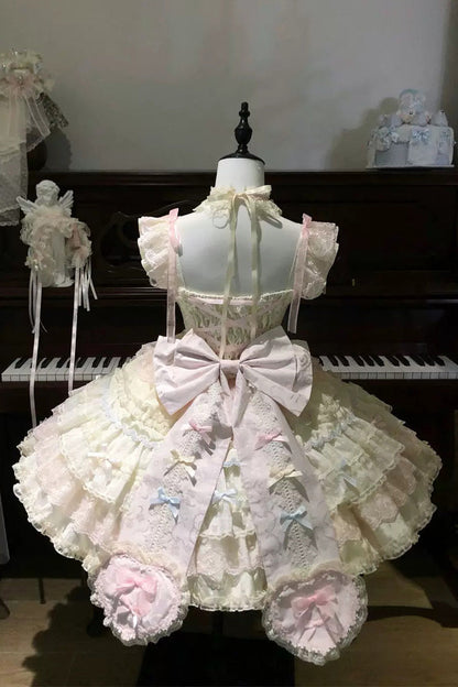 Apricot/Pink [Cloudwhale Dreamweaver] Square Collar Multi-Layered Ruffled Bow Lace Sweet Lolita Jsk Dress