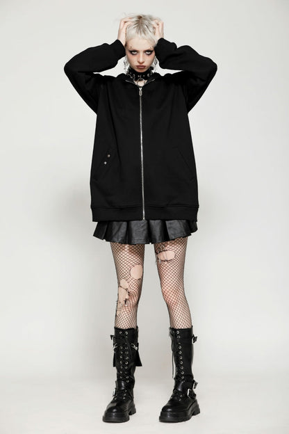 Black Long Sleeves Zippered Women's Gothic Batwing Hoodie