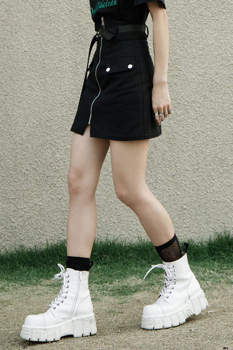 Black High Waist Front Zipper Metal Eyelets Belt Side Pocket Women's Punk Denim Skirt