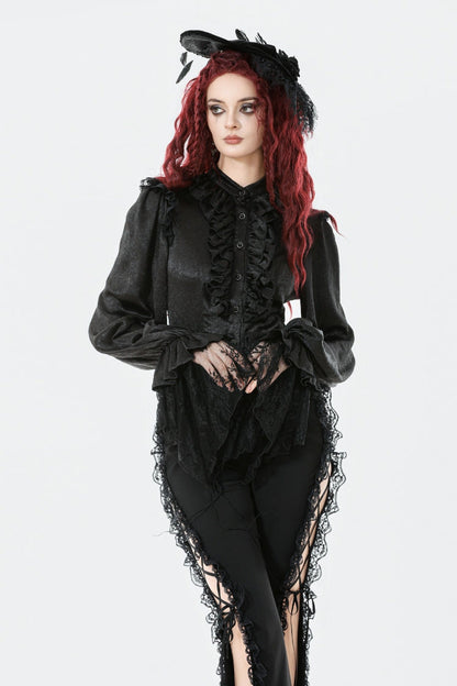 Black Long Lantern Sleeves Ruffled Spliced Lace Women's Gothic Blouse