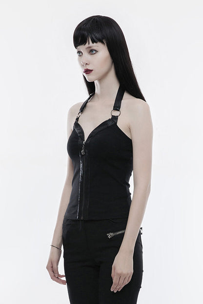 Black Halterneck Sleeveless Embroidery Zipper Backless Women's Punk Vest