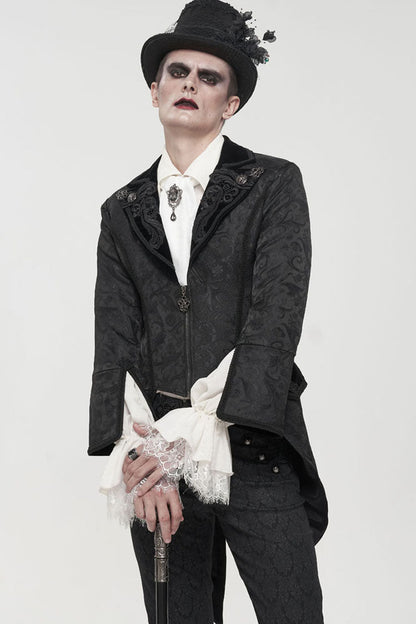 Black Gothic Embroidered Print Pattern Metal Pattern Buckle Decoration Trumpet Sleeve Men's Swallowtail Coat