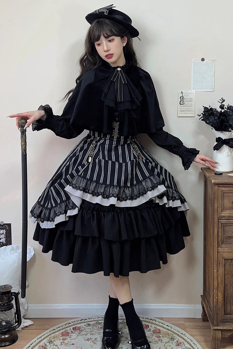 Black Point Manor Multi-layer Striped Print Ruffle Gothic Lolita Skirt